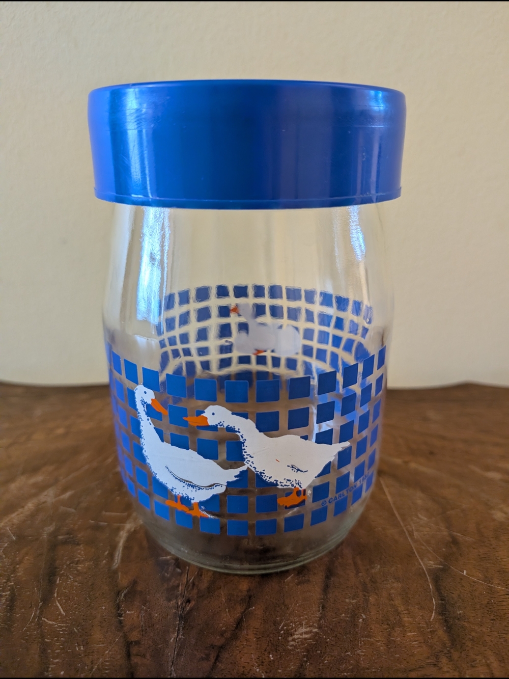 Vintage Country Geese Glass Canister Blue Grid Pattern 1980s